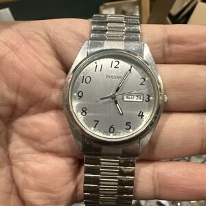 Working Vintage Pulsar Day Date Mens Silver Watch Steel 37mm New Battery Quartz